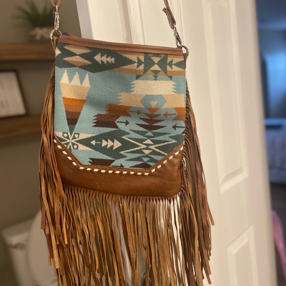 Handmade leather fringe Pendleton wool crossbody purse - Picture 1 of 5